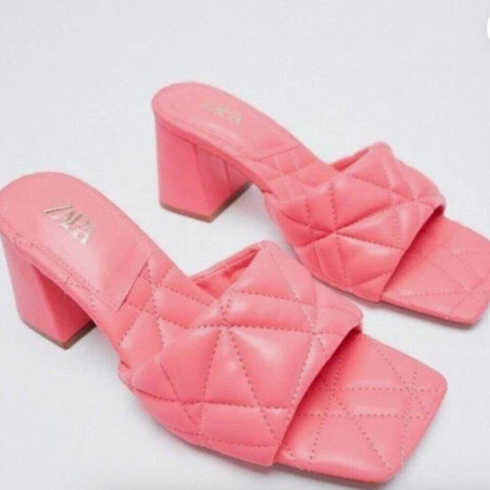 Zara Sandals Wide Heeled Quilted Pink kitten heals size 36 (6.5) - Picture 3 of 4